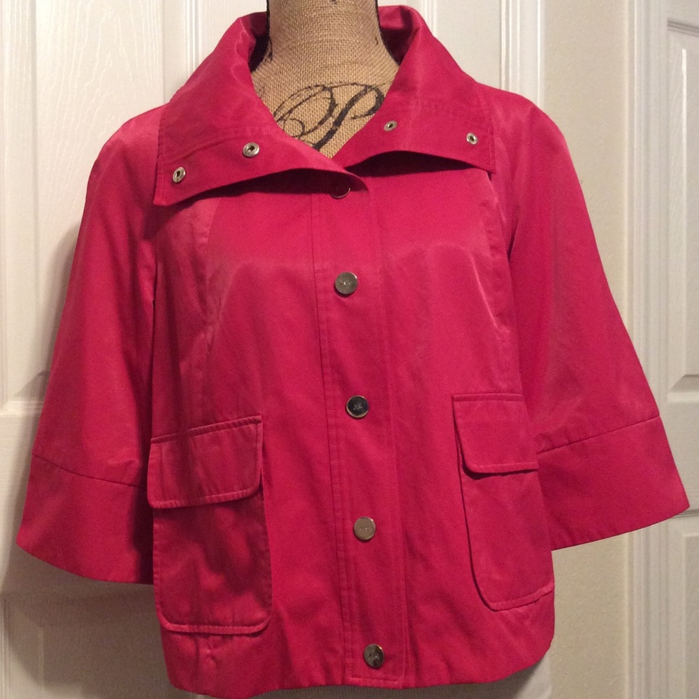 Anne Klein snap front tropical rose magenta hot pink short light rain jacket M